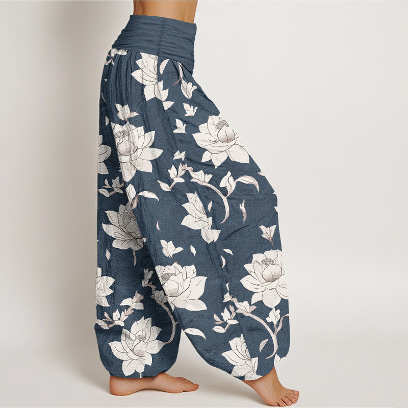 Nimara Ritual Pure Cotton Beige Lotus Pattern Women's Elastic Waist Harem Pants