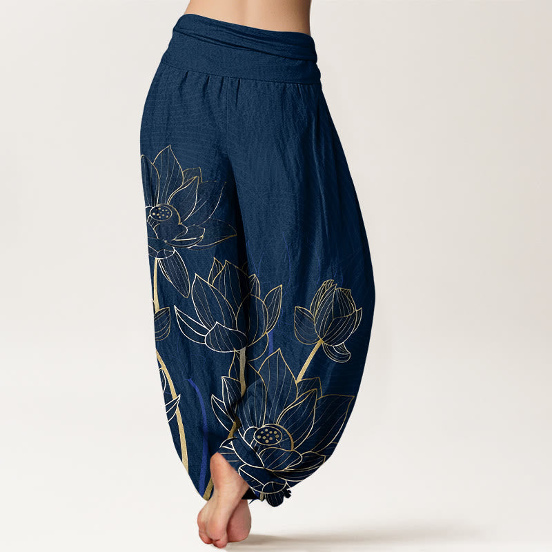 Nimara Ritual Pure Cotton Minimalist Style Lotus Flower Pod Pattern Women's Elastic Waist Harem Pants