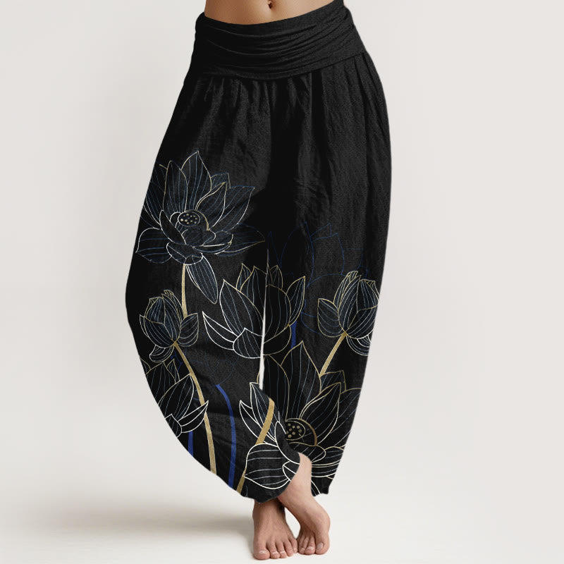 Nimara Ritual Pure Cotton Minimalist Style Lotus Flower Pod Pattern Women's Elastic Waist Harem Pants