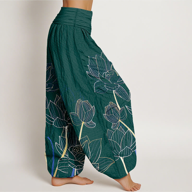 Nimara Ritual Pure Cotton Minimalist Style Lotus Flower Pod Pattern Women's Elastic Waist Harem Pants