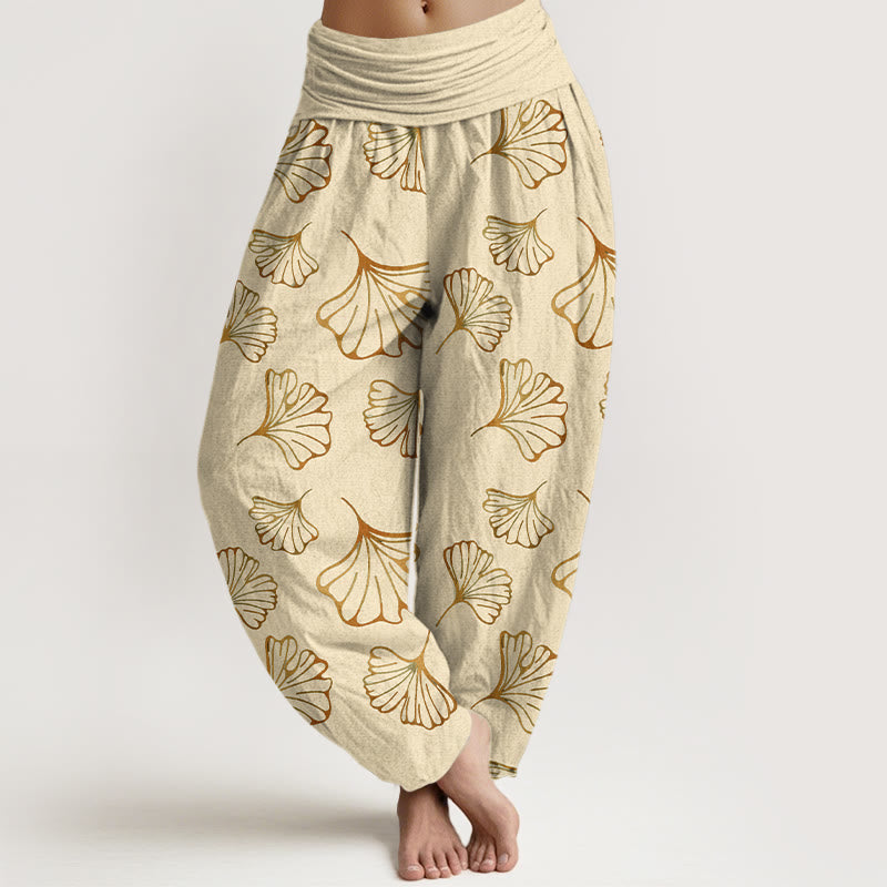 Nimara Ritual Pure Cotton Minimalist Style Ginkgo Leaves Pattern Women's Elastic Waist Harem Pants