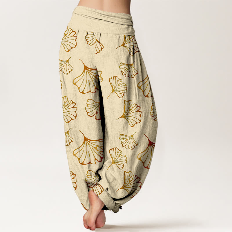Nimara Ritual Pure Cotton Minimalist Style Ginkgo Leaves Pattern Women's Elastic Waist Harem Pants