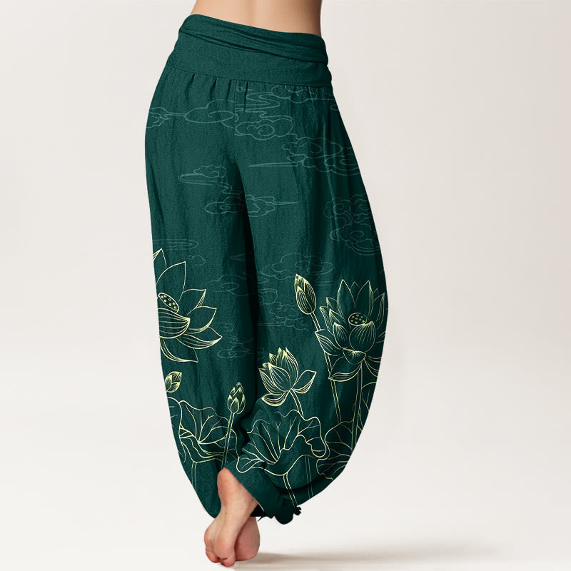 Nimara Ritual Pure Cotton Concise Lotus Flower Leaf Pod Bud Cloud Pattern Women's Elastic Waist Harem Pants
