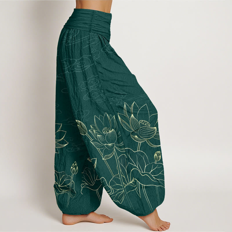 Nimara Ritual Pure Cotton Concise Lotus Flower Leaf Pod Bud Cloud Pattern Women's Elastic Waist Harem Pants