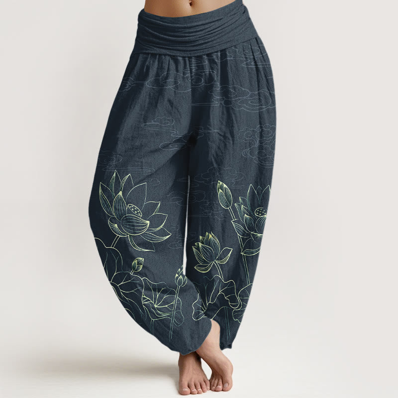 Nimara Ritual Pure Cotton Concise Lotus Flower Leaf Pod Bud Cloud Pattern Women's Elastic Waist Harem Pants