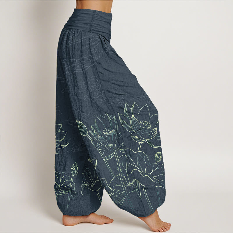 Nimara Ritual Pure Cotton Concise Lotus Flower Leaf Pod Bud Cloud Pattern Women's Elastic Waist Harem Pants