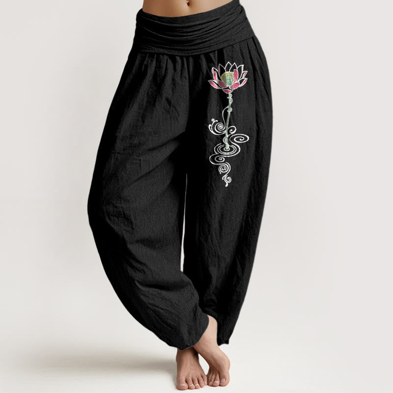 Nimara Ritual Pure Cotton Simple Lotus Flower Pattern Women's Elastic Waist Harem Pants