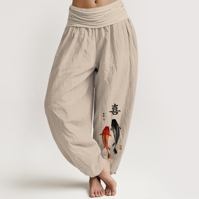 Nimara Ritual Pure Cotton Concise Koi Fish Chinese Character Pattern Women's Elastic Waist Harem Pants