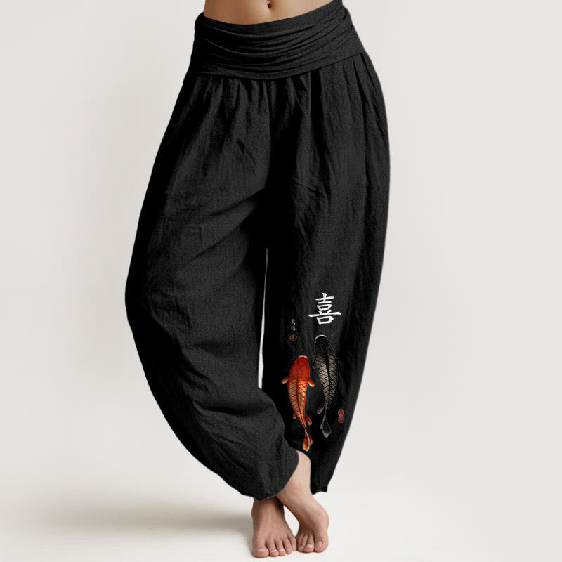 Nimara Ritual Pure Cotton Concise Koi Fish Chinese Character Pattern Women's Elastic Waist Harem Pants