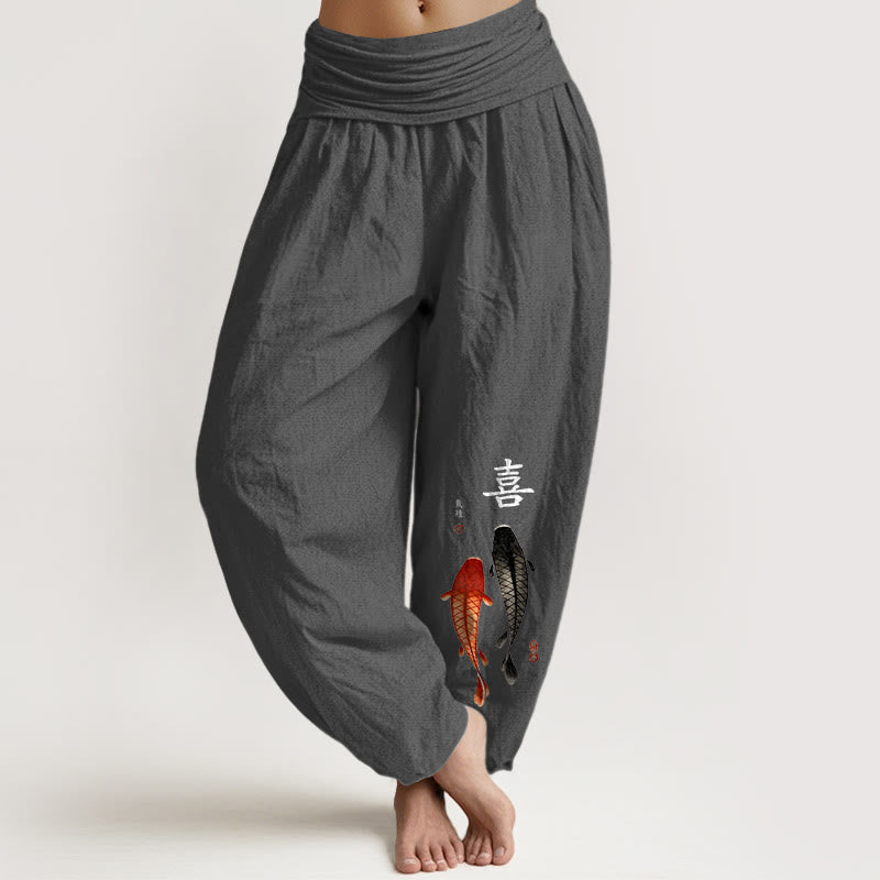 Nimara Ritual Pure Cotton Concise Koi Fish Chinese Character Pattern Women's Elastic Waist Harem Pants