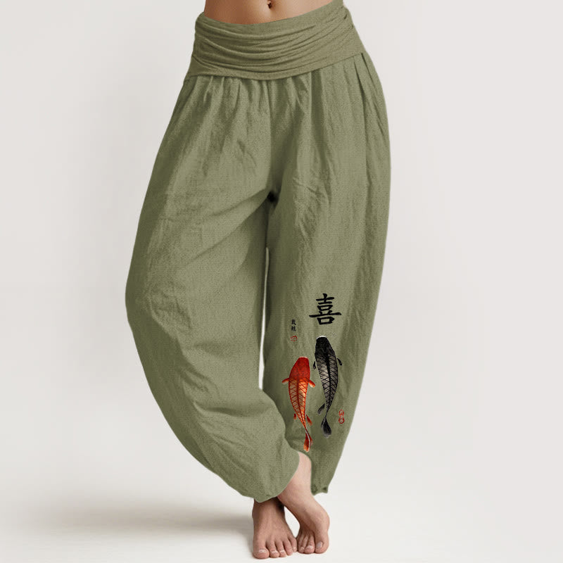 Nimara Ritual Pure Cotton Concise Koi Fish Chinese Character Pattern Women's Elastic Waist Harem Pants