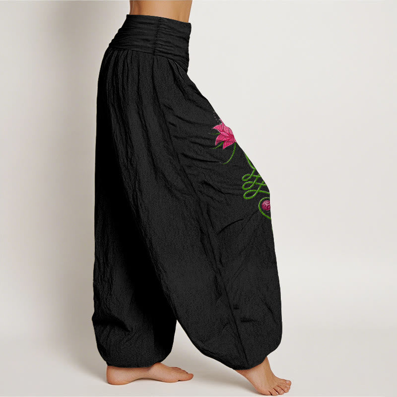 Nimara Ritual Pure Cotton Strong Color Contrast Lotus Flower Pattern Women's Elastic Waist Harem Pants