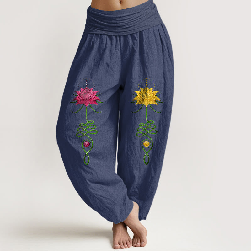 Nimara Ritual Pure Cotton Strong Color Contrast Lotus Flower Pattern Women's Elastic Waist Harem Pants