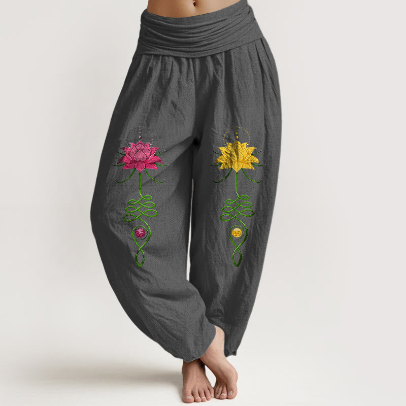 Nimara Ritual Pure Cotton Strong Color Contrast Lotus Flower Pattern Women's Elastic Waist Harem Pants