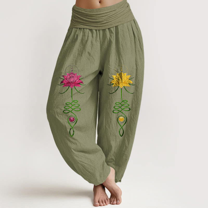 Nimara Ritual Pure Cotton Strong Color Contrast Lotus Flower Pattern Women's Elastic Waist Harem Pants