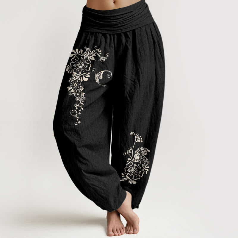 Nimara Ritual Pure Cotton Simple Elegant Flower Butterfly Vine Pattern Women's Elastic Waist Harem Pants