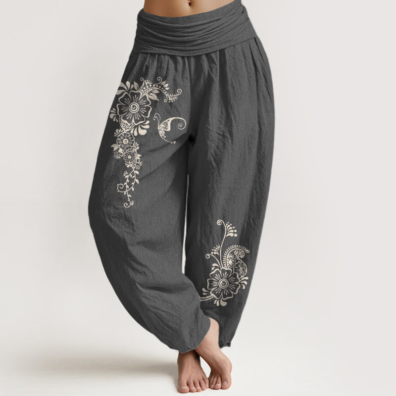 Nimara Ritual Pure Cotton Simple Elegant Flower Butterfly Vine Pattern Women's Elastic Waist Harem Pants