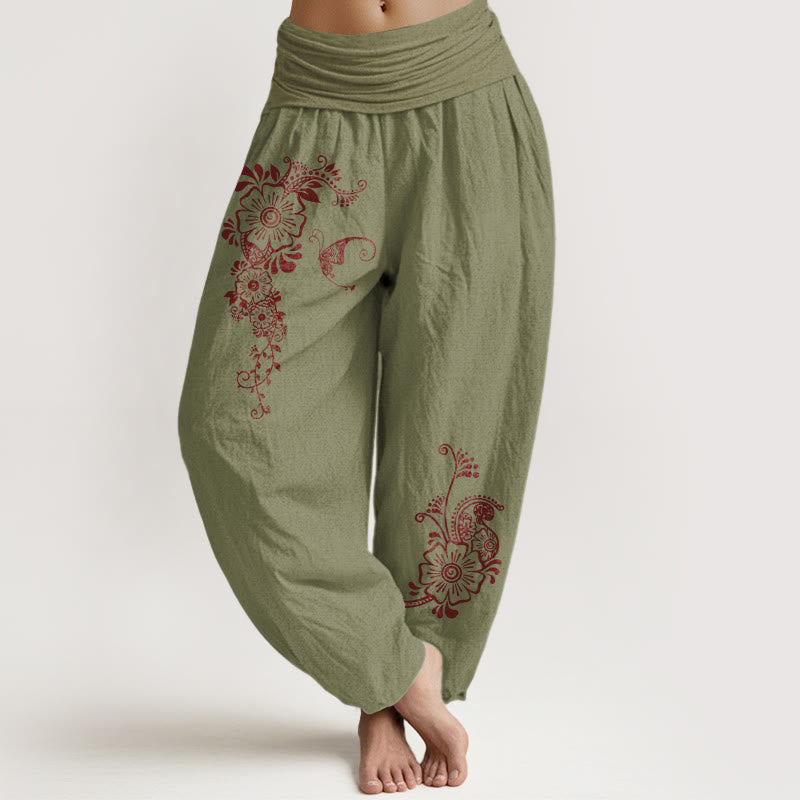 Nimara Ritual Pure Cotton Simple Elegant Flower Butterfly Vine Pattern Women's Elastic Waist Harem Pants