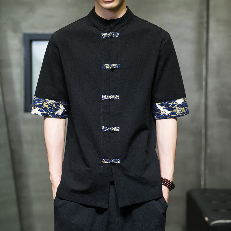Nimara Ritual Solid Color Frog-Button Stand Collar Men's Short Sleeve White Crane Cotton Shirt