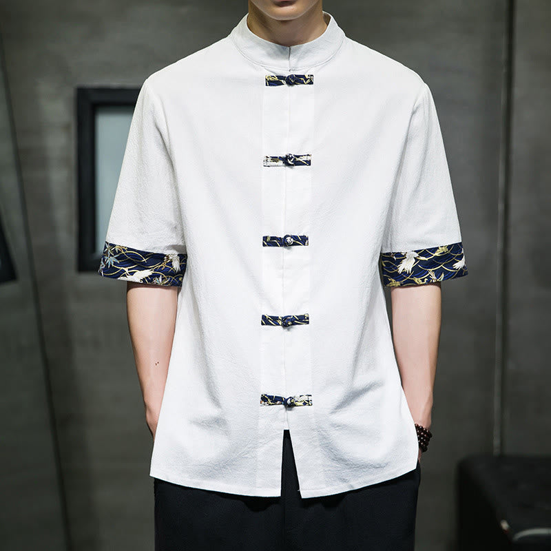 Nimara Ritual Solid Color Frog-Button Stand Collar Men's Short Sleeve White Crane Cotton Shirt