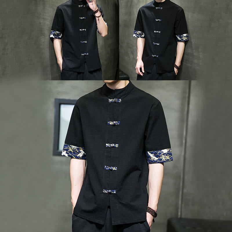 Nimara Ritual Solid Color Frog-Button Stand Collar Men's Short Sleeve White Crane Cotton Shirt