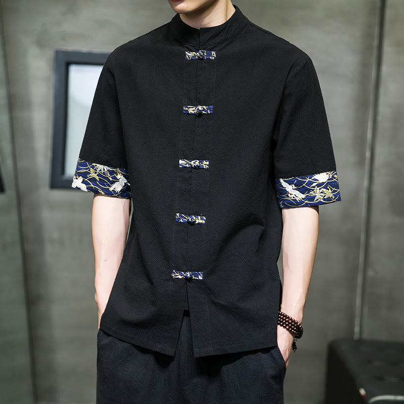 Nimara Ritual Solid Color Frog-Button Stand Collar Men's Short Sleeve White Crane Cotton Shirt