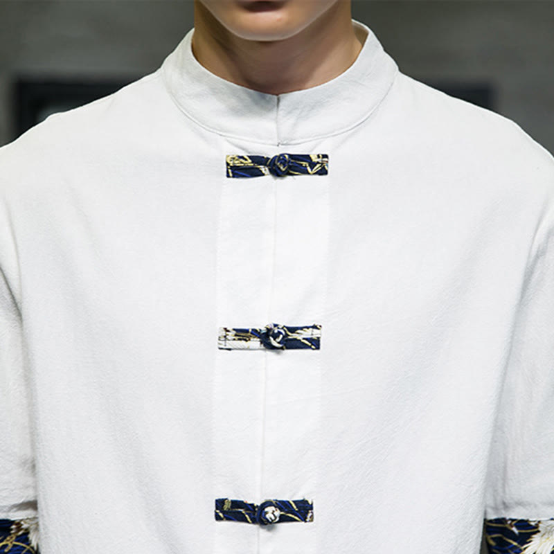 Nimara Ritual Solid Color Frog-Button Stand Collar Men's Short Sleeve White Crane Cotton Shirt