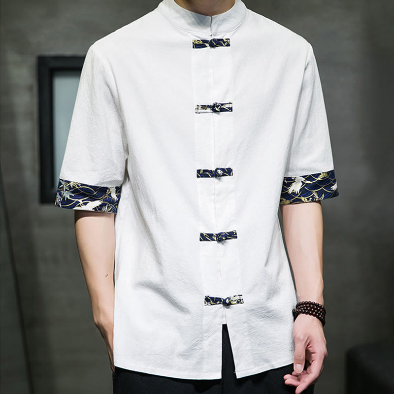 Nimara Ritual Solid Color Frog-Button Stand Collar Men's Short Sleeve White Crane Cotton Shirt