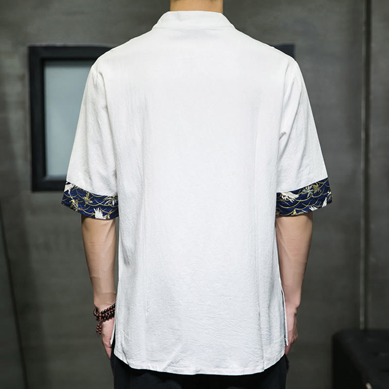 Nimara Ritual Solid Color Frog-Button Stand Collar Men's Short Sleeve White Crane Cotton Shirt