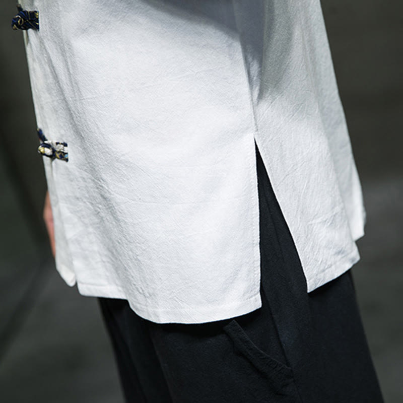 Nimara Ritual Solid Color Frog-Button Stand Collar Men's Short Sleeve White Crane Cotton Shirt