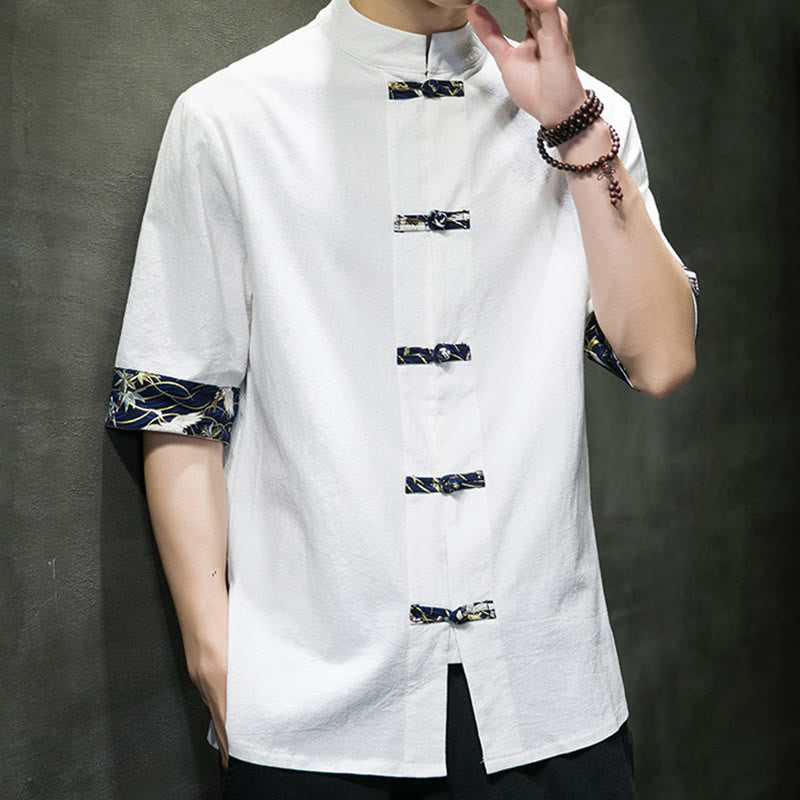 Nimara Ritual Solid Color Frog-Button Stand Collar Men's Short Sleeve White Crane Cotton Shirt