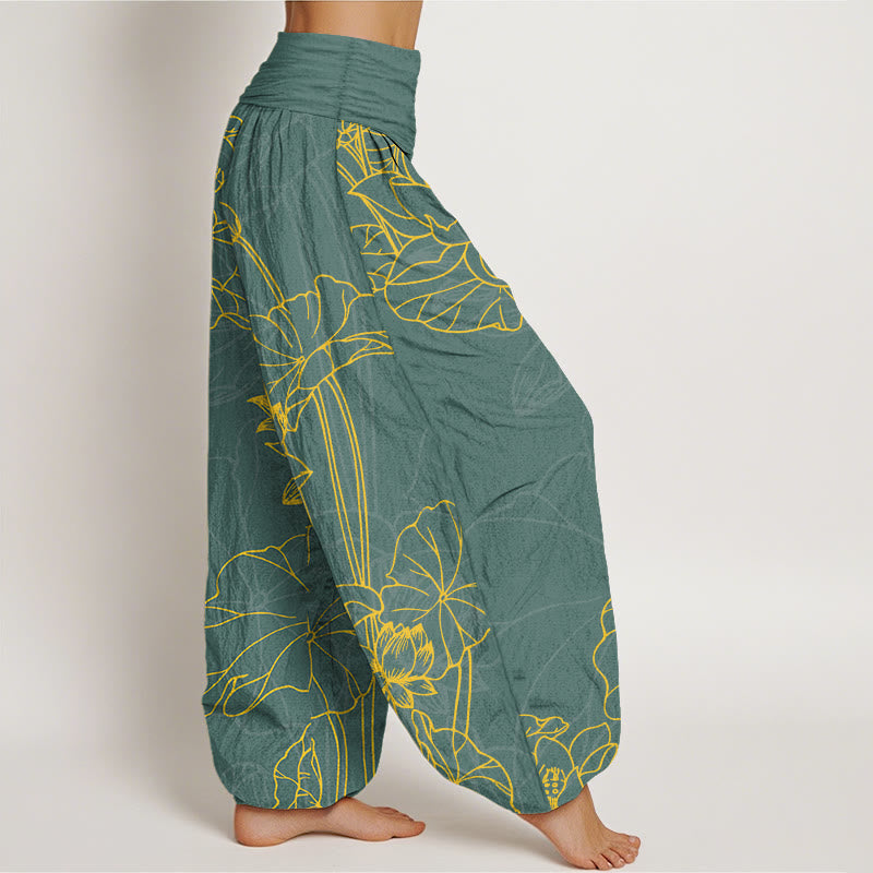 Nimara Ritual Pure Cotton Concise Lotus Flower Leaf Pod Bud Pattern Women's Elastic Waist Harem Pants