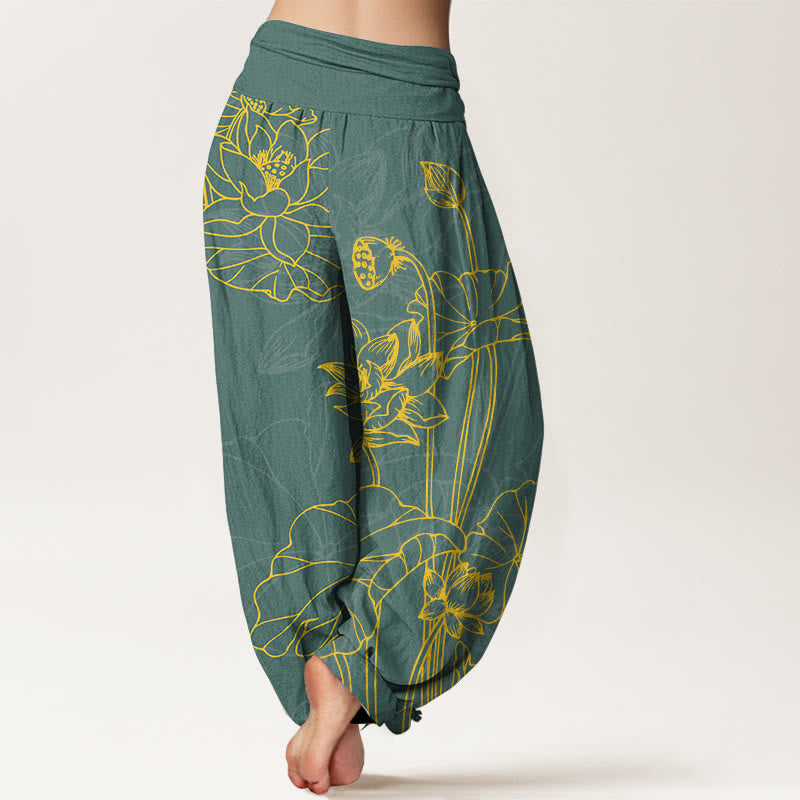 Nimara Ritual Pure Cotton Concise Lotus Flower Leaf Pod Bud Pattern Women's Elastic Waist Harem Pants