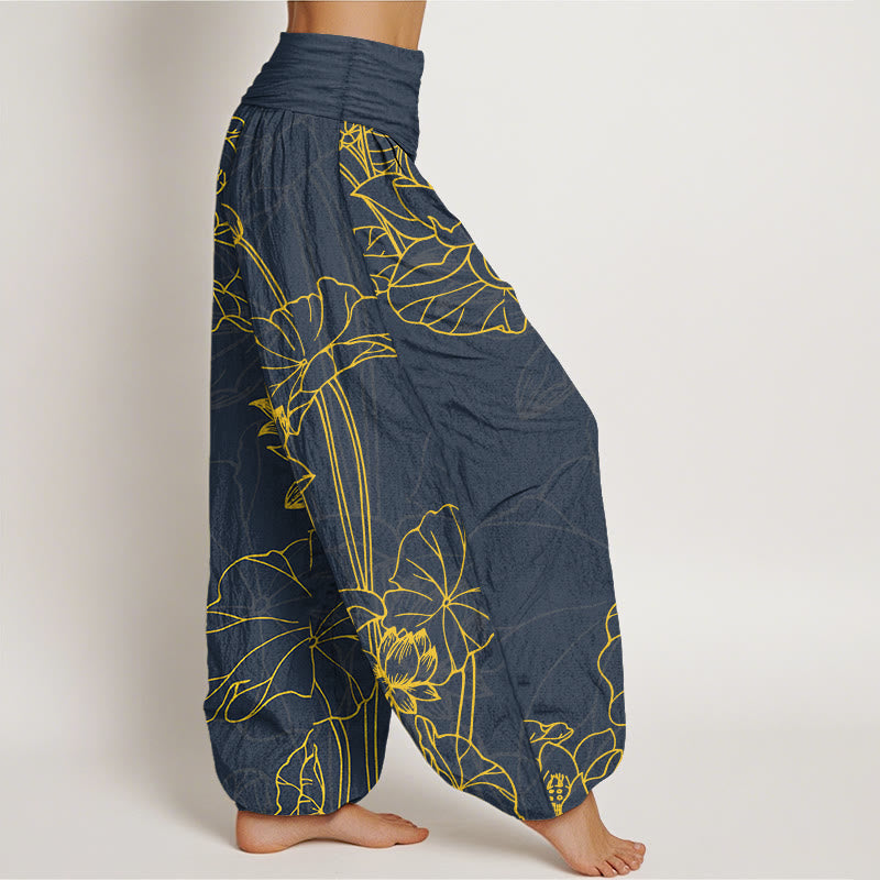 Nimara Ritual Pure Cotton Concise Lotus Flower Leaf Pod Bud Pattern Women's Elastic Waist Harem Pants