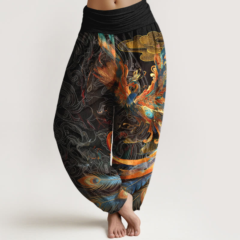 Nimara Ritual Pure Cotton Gorgeous Flying Phoenix Cloud Pattern Women's Elastic Waist Harem Pants