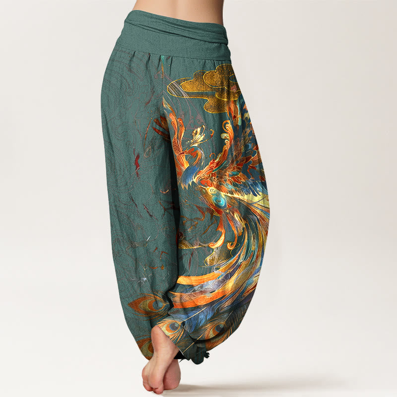 Nimara Ritual Pure Cotton Gorgeous Flying Phoenix Cloud Pattern Women's Elastic Waist Harem Pants