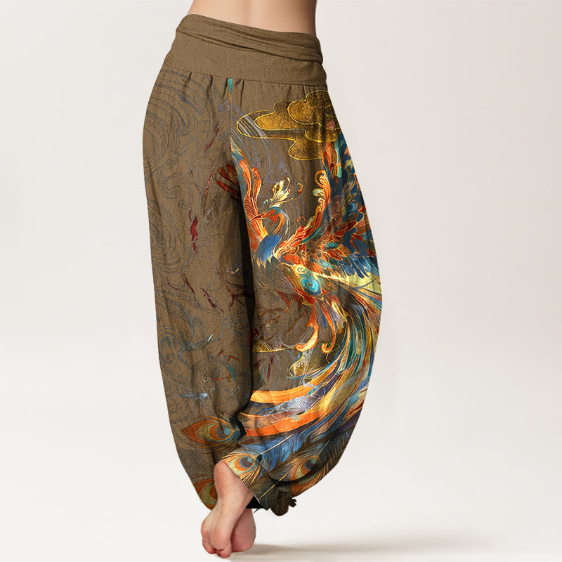 Nimara Ritual Pure Cotton Gorgeous Flying Phoenix Cloud Pattern Women's Elastic Waist Harem Pants