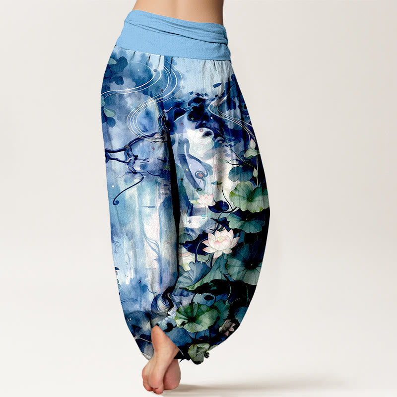 Nimara Ritual Pure Cotton Watercolor Style Lotus Flower Leaf Pattern Women's Elastic Waist Harem Pants