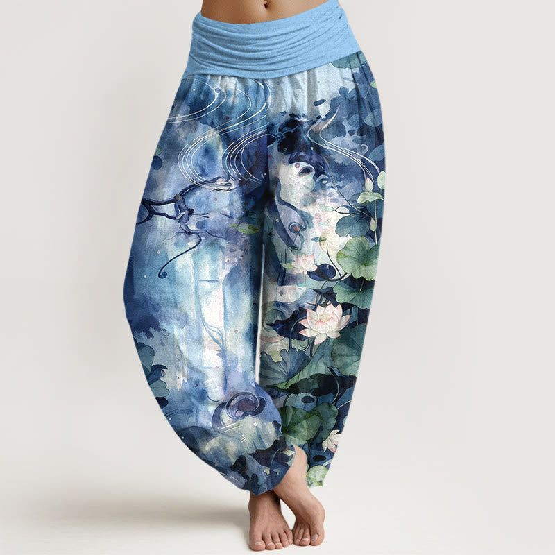 Nimara Ritual Pure Cotton Watercolor Style Lotus Flower Leaf Pattern Women's Elastic Waist Harem Pants