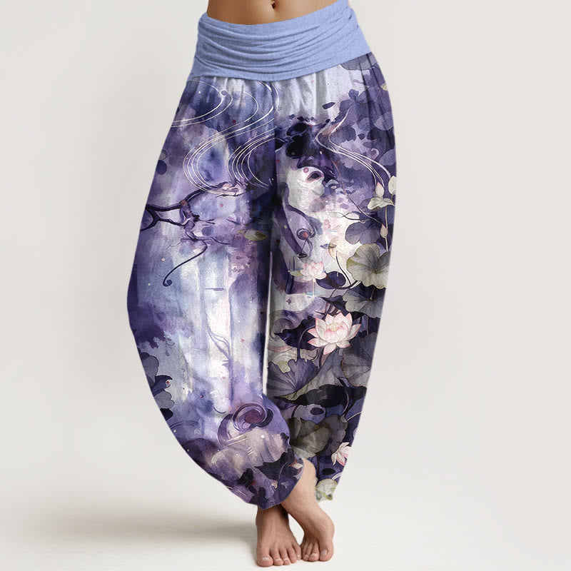 Nimara Ritual Pure Cotton Watercolor Style Lotus Flower Leaf Pattern Women's Elastic Waist Harem Pants