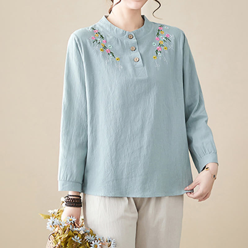 Nimara Ritual Spring Plain Embroidered Flower Pattern Button Women's Long Sleeve Cotton Lapel Shirt