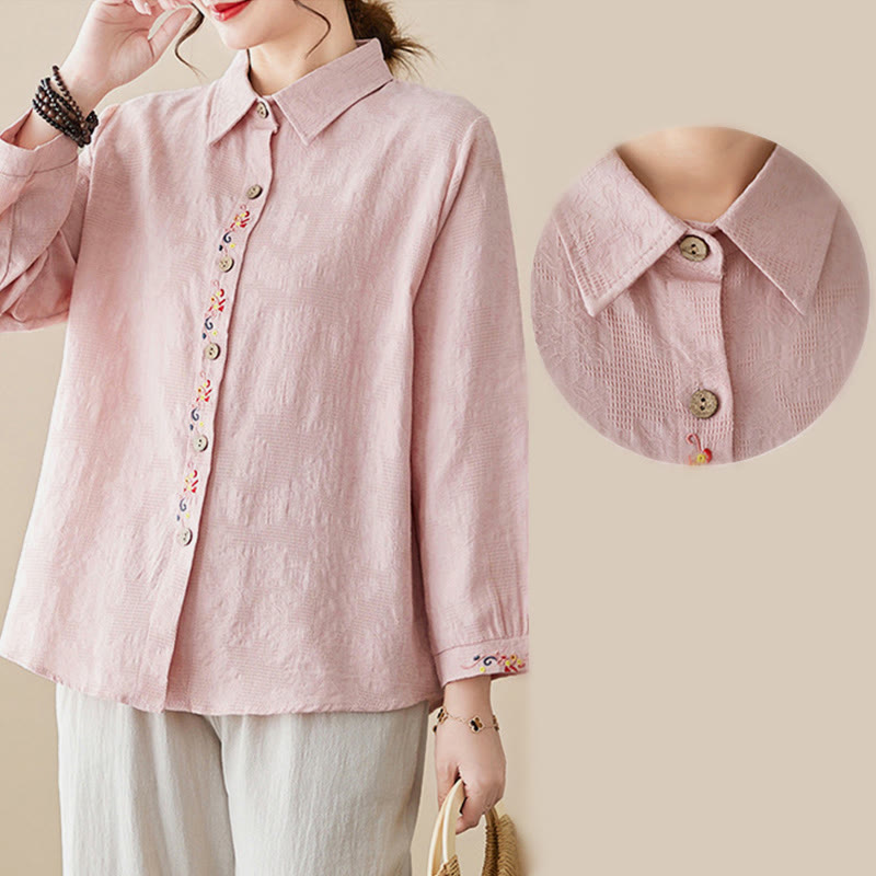 Nimara Ritual Spring Plain Embroidered Flower Pattern Button Women's Long Sleeve Cotton Lapel Shirt