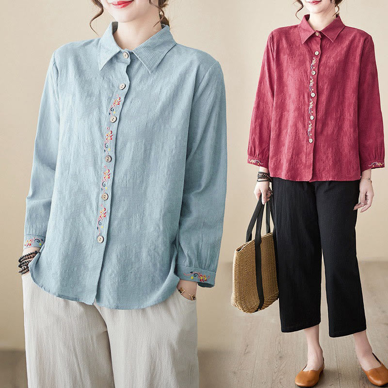 Nimara Ritual Spring Plain Embroidered Flower Pattern Button Women's Long Sleeve Cotton Lapel Shirt