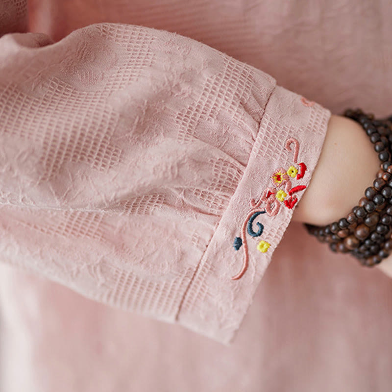 Nimara Ritual Spring Plain Embroidered Flower Pattern Button Women's Long Sleeve Cotton Lapel Shirt