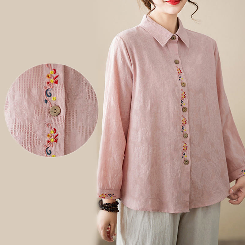 Nimara Ritual Spring Plain Embroidered Flower Pattern Button Women's Long Sleeve Cotton Lapel Shirt