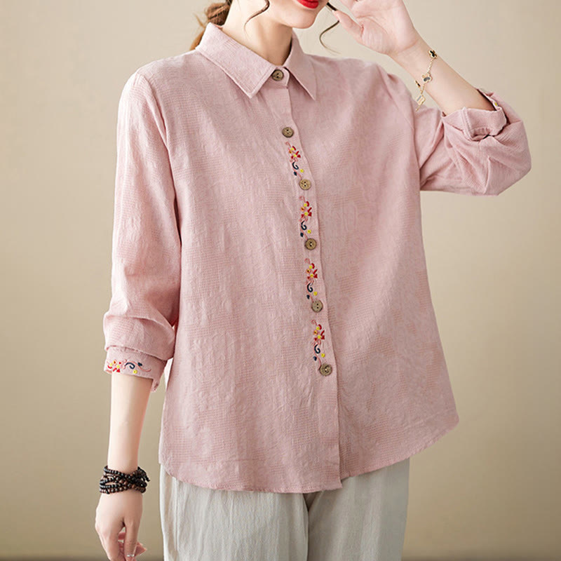 Nimara Ritual Spring Plain Embroidered Flower Pattern Button Women's Long Sleeve Cotton Lapel Shirt