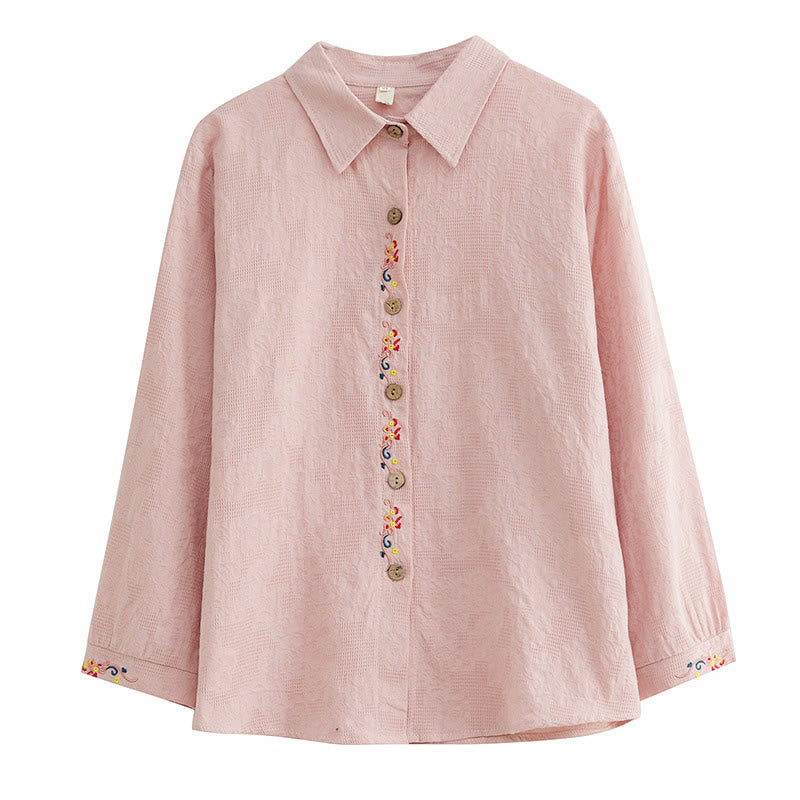 Nimara Ritual Spring Plain Embroidered Flower Pattern Button Women's Long Sleeve Cotton Lapel Shirt