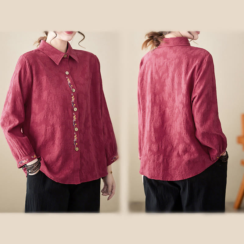 Nimara Ritual Spring Plain Embroidered Flower Pattern Button Women's Long Sleeve Cotton Lapel Shirt