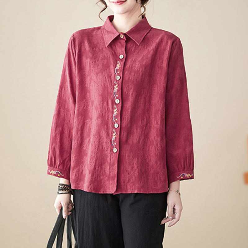 Nimara Ritual Spring Plain Embroidered Flower Pattern Button Women's Long Sleeve Cotton Lapel Shirt