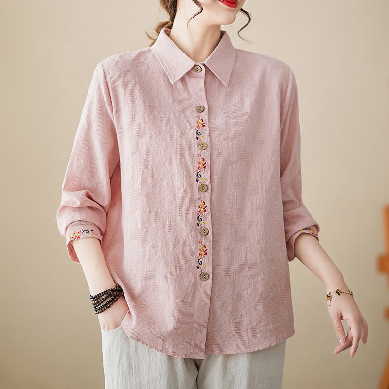 Nimara Ritual Spring Plain Embroidered Flower Pattern Button Women's Long Sleeve Cotton Lapel Shirt